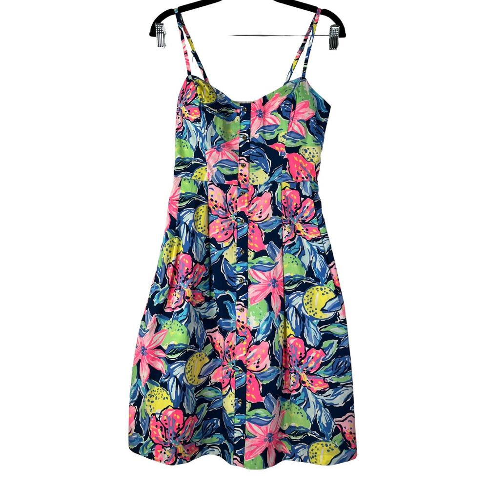 Lilly Pulitzer Floral Sleeveless Lined Halter Smocked Back Fit Flare Dress Sz 2